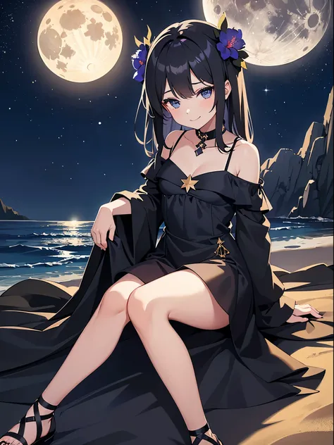 Girl in a black dress, with a blue hibiscus ornament adorning her head, sits on the sandy beach under the full moon night. The starry sky sparkles above her, and a shooting star illuminates the night. She gazes up at the moon with a soft, enchanted smile.