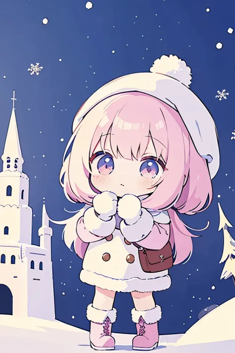 Chibi girl taking a commemorative photo with a large snow castle in the background at the snow festival venue、knit hat、Cute boots、woolen gloves、cute pose