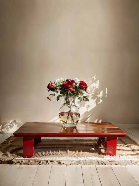 create a painting canvas with five flowers red and three roses white ,table wood, background white and red , realistic , high definition, beautiful composition, painting, more details , accurate details, 