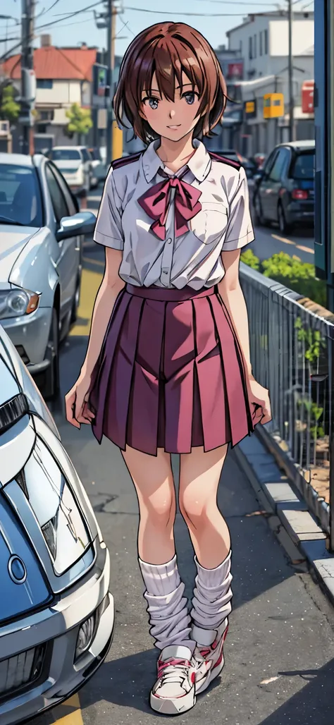 (highest quality,4K,8K,High resolution,table top:1.2), super detailed, (realistic,photorealistic,photo-realistic:1.37),((full body)),Shorthair girl, grin and laugh,She wears a  high-school uniform, white-loose-socks,black-sneakers,beautiful and fine eyes, ...