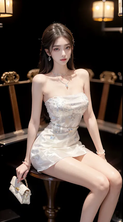 Sweet girl clothes4,strapless dress,jewelry,((full body)), ((Shot from a random perspective)), ((sitting position)), ((in the classroom, Sit at the lectern)), (yushuxin,1girl,solo), clear face, pretty face, 8k, masterpiece, original photo, best quality, de...