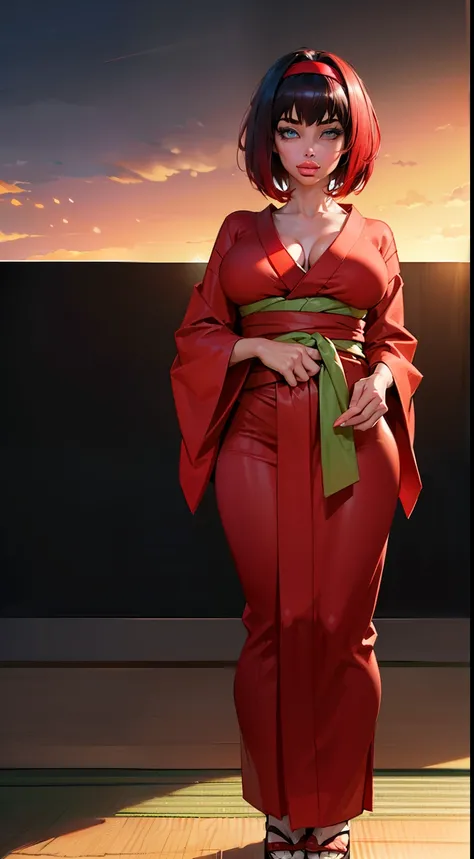 ((Dynamic view)), (((1girl:1.8))), ((exposed collarbone:1.5)) ((short hair:1.3)),  style, ((red kimono band:1.4)), anime style, (((Erika))) (((black hair:1.6))) (((smoldering eyes))), ((kimono band around waist:1.5)), ((bright light:1.5)), 8k, 4k, Unreal E...