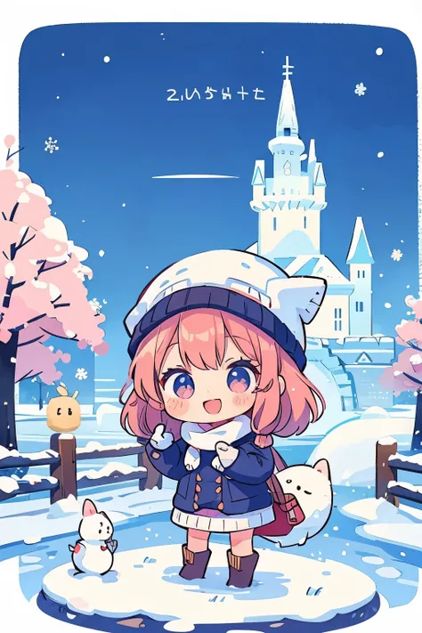 Chibi girl taking a commemorative photo with a large snow castle in the background at the snow festival venue、knit hat、Cute boots、woolen gloves、smile、cute pose