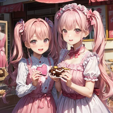 with a girl、no background、no background、Background through、twin tails、Two knots、pink hair、pink color、pink eyes、Valentine、candy、Choco、Valentine’s Day、lots of frills、、Lots of races、cute、(((画面向かって左側の女の子はChocoレート色のドレス)))、(((The girl on the right side of the sc...