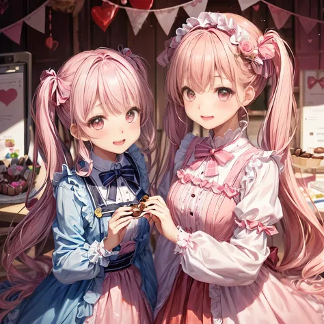 with a girl、no background、no background、Background through、twin tails、Two knots、pink hair、pink color、pink eyes、Valentine、candy、Choco、Valentine’s Day、lots of frills、、Lots of races、cute、(((画面向かって左側の女の子はChocoレート色のドレス)))、(((The girl on the right side of the sc...