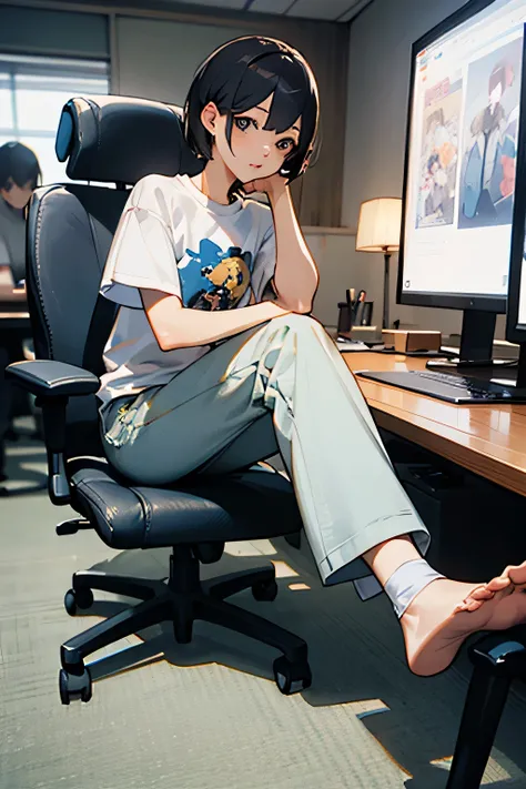 figure,  japanese manga, woman, Esports, foot pedal, office ,T-shirt, long pants, sitting in a chair, short hair, high quality,  ,not photorealistic, 