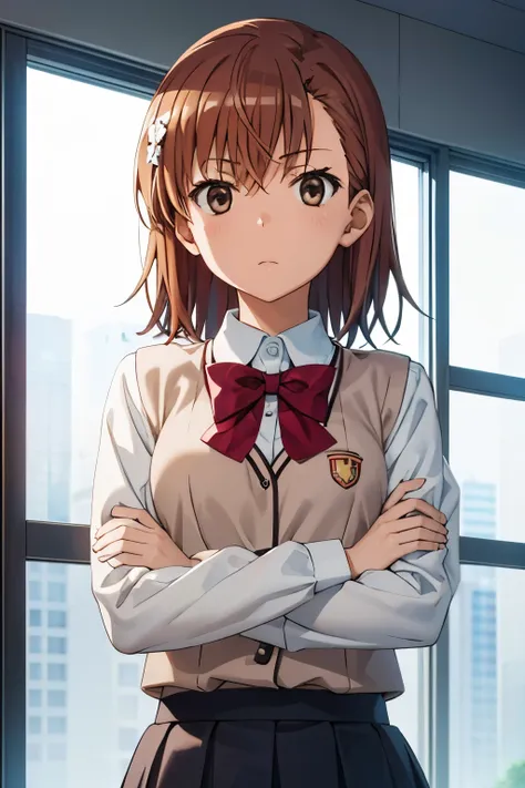 (((pixel perfect, detail perfect))), alone, 1 girl, misaka mikoto, tokiwadai school uniform, bow, looking at the viewer, crossed...