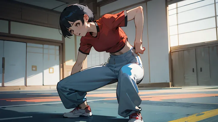 japanese manga, woman, sporty, long pants with skirt, Standing position, short hair, high quality, training wear, Fitness Training, in a small circle , not photorealistic, 