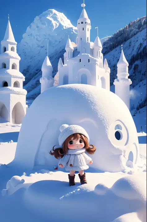 Chibi girl taking a commemorative photo with a large snow castle in the background at the snow festival venue、knit hat、Cute boots、woolen gloves、cute pose