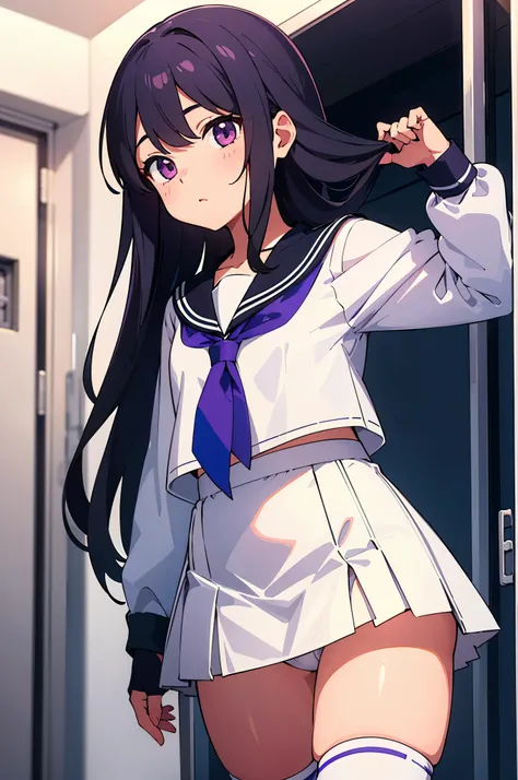 Women&#39;s locker room　elementary school girl　8-year-old　flat chest　black hair　long hair　eyes are purple　（（1 person））　Upper body white long sleeve sailor suit　Lower body white panties　white socks　sports boots　standing without skirt　Open your legs slightly...