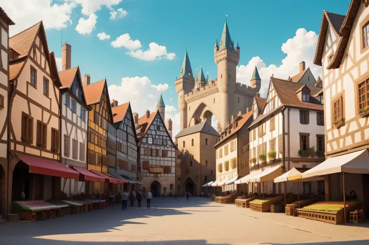 The market square of a medieval princely town on a sunny spring day. The princely castle looms in the background