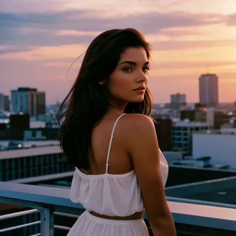 Wide shot beautiful Brunette woman on rooftop, shot on kodak 400 at sunset