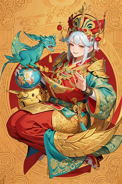 In this enchanting scene, a delightful Chinese god of wealth is depicted, boasting a cheerful smile as he cradles a massive, gleaming gold ingot in his hand. His plump and cute features are accentuated against the vivid red background. The god is joined by...