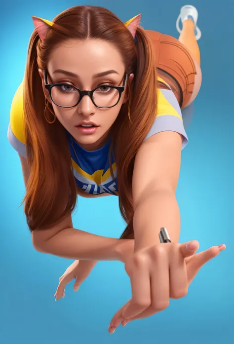 ultra Realistic hyper Realistic body skin texture ultra Realistic a girl with long brown ponytails, in a bright shirt and glasses, Holds out his hands. She has a scared look on her face, perfect smoothh skin. with long brown hair and glasses, smooth, Multi...