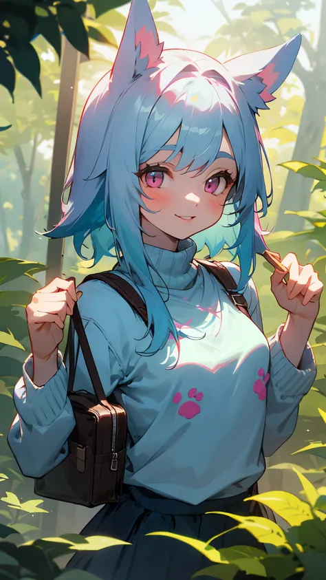 16 year old girl、light blue hair、dog ears、pink eyes、smile、small breasts、skirt、Colorful knitwear、in the forest、morning、upper body up、I have a lunch box