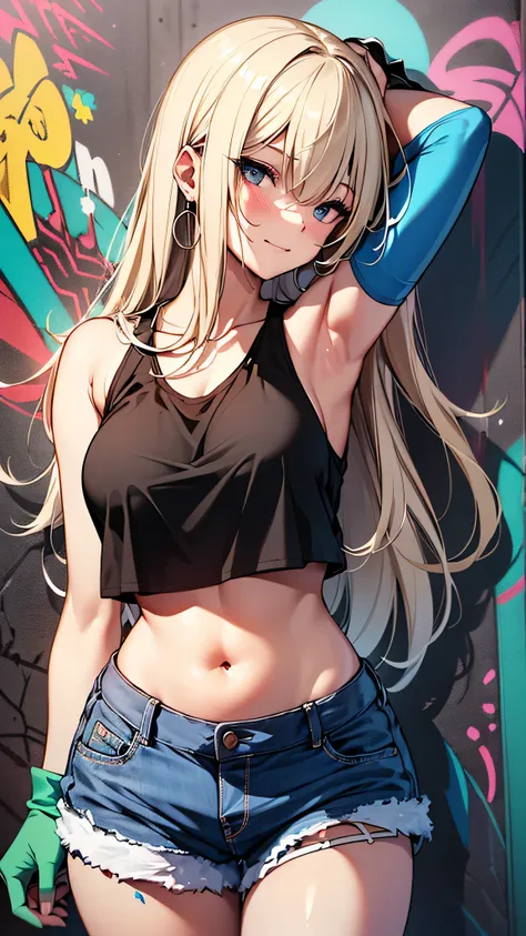 最high quality、best image quality、masterpiece、teenage girl((18-year-old、 By becoming、vest bust、medium bust,wide open breast tea、black eye, blonde hair、Habitual hair、long hair、thin,highest valley、navel black tank top、blue shorts、Holding a spray can、smug face...