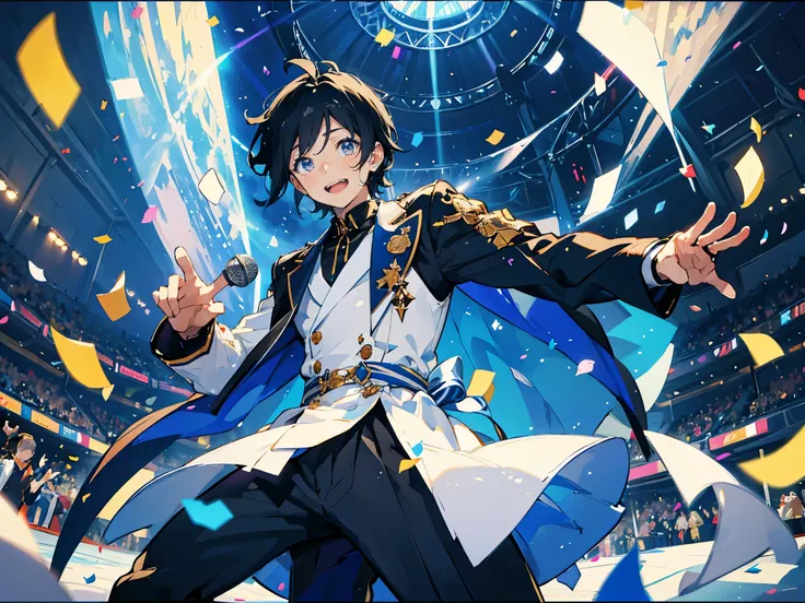 (muste piece), (best quality), very detailed, ((1 boy)), solo focus，Low - Angle，dynamic，A dynamic pose，((happy face))，perfect face, beautiful face, very detailedな顔，(black hair_blue eyes:1.3)，idol costume，male solo idol，concert dome，live，have a microphone，s...