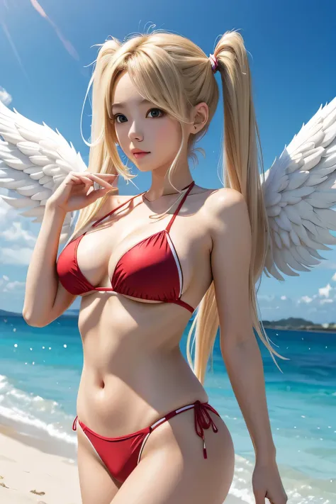 female angel、white angel wings、blonde twintails、break、red bikini、background is sky