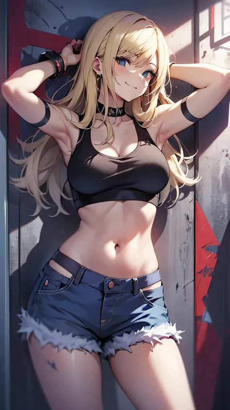 最high quality、best image quality、masterpiece、teenage girl((18-year-old、 By becoming、vest bust、medium bust,wide open breast tea、black eye, blonde hair、Habitual hair、long hair、thin,highest valley、navel black tank top、blue shorts、Holding a spray can、smug face...