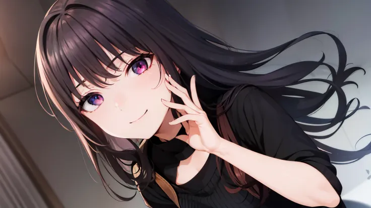 sakamoto_nahida, long hair, ahoge, black medium hair, faint purple eyes, medium breast, casual black outfit, smile, standing, br...