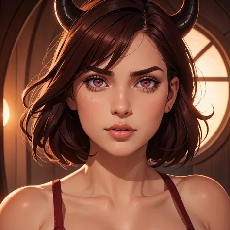 best quality, ultra-detailed, realistic, 1 cute girl, cute, big glossy lips, short hair, natural lighting, pink eyes, vibrant colors, soft and warm color tones, delicate facial features. Red skin. Demon horns. Hell mistress makeup. Face portrait 