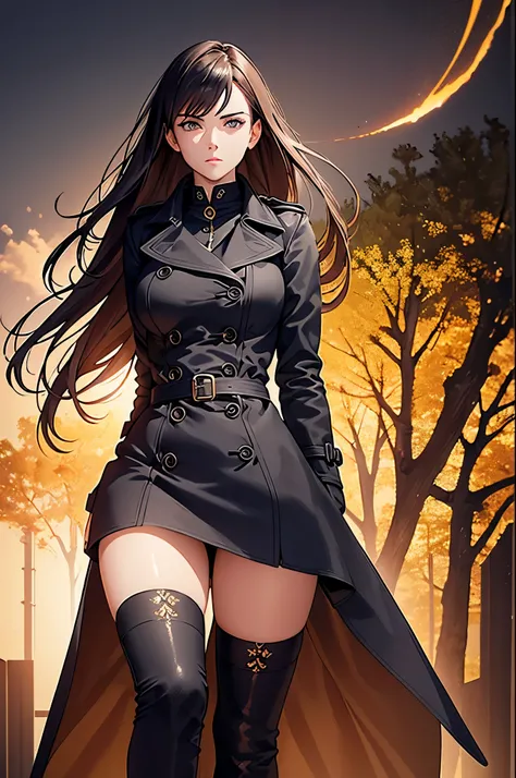 ((highest quality)),(ultra high resolution),(Super detailed),(detailed description),((best CG)),(best work of art),super precision art,great drawing art,(Works with precise details:1.5), (1 female model:1.6),(beautiful and well-shaped face:1.5),(trench coa...