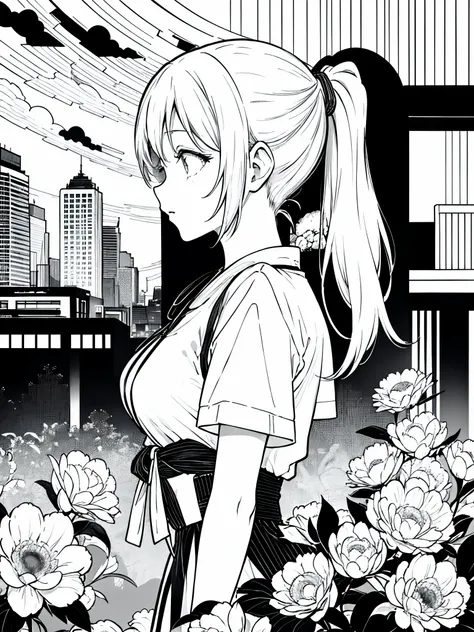 【highest quality, masutepiece】 [girl, dress, ponytail, upper body] (retro city), breast, profile, (silhouette), black and white