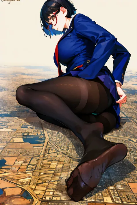 Giantの芸術, 非常に詳細なGiantショット, Giant, short hair, A high school girl who is much bigger than a skyscraper, wearing rimless glasses, big breasts, big ass, navy blue blazer, red tie, mini skirt, black pantyhose, pantyhose barefoot, Steam comes out from the soles...