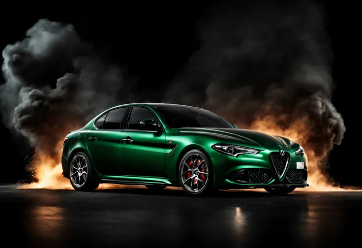 Alfa Romeo Giulia quadrifoglio, Battre, explosions en fond, studio fond noir, vue de face