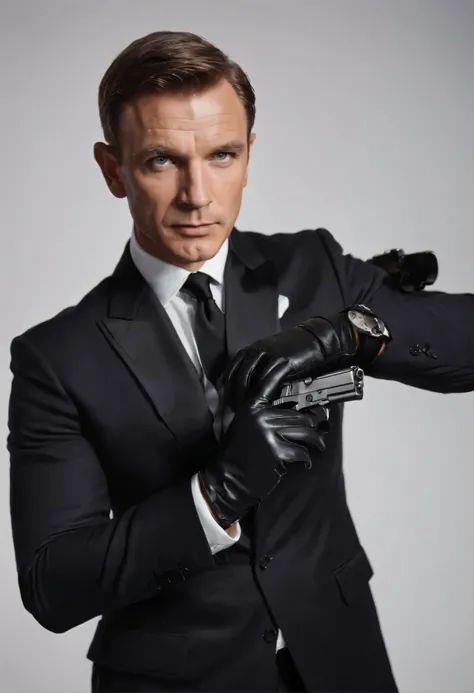 A secret agent in a tuxedo holding a gun with both hands in black leather gloves, james bond, white background 