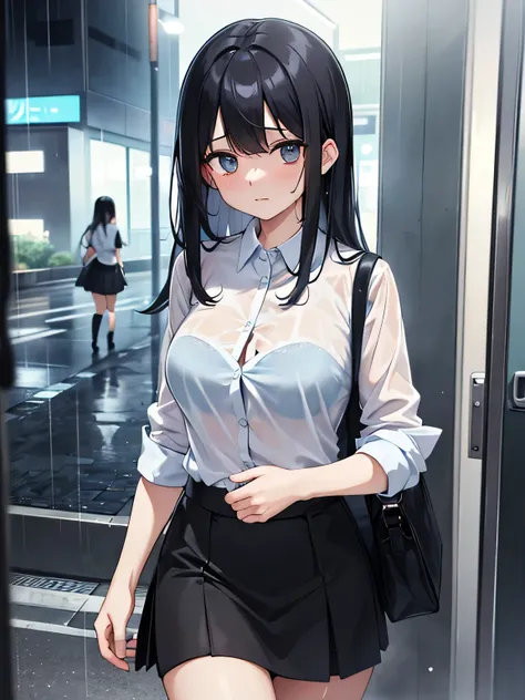 (1) A woman is walking in the rain, My cut shirt is wet and my light blue bra is visible..
(2) The woman is wearing a white cutter shirt, black skirt and black high socks.
(3) that woman has long black hair.
(4) The woman looks worried.
(5) The location is...