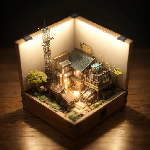 small realistic model, (bifurcation, original photo, best quality, masterpiece:1.4),Steampunk Cyberpunk 5916 City,(Cyberpunk light:1.3),on the desert,horizon (related to land),(in a small nature box:1.3),Isometric, small nature, landscape on foundation,lan...