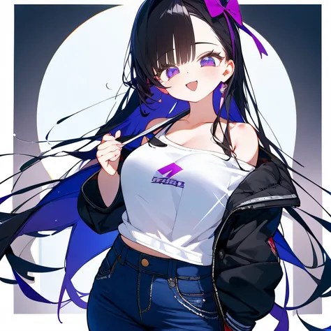 (best quality,masterpiece:1.3), masterpiece, teen, beautiful woman, high details, Two-Tone long Hair (black % Purple), eye(purple), laughing, open mouth, tshirt (white), long jeans black color, Off-Shoulder Jacket black color, shinjuku japan, big bow at ba...