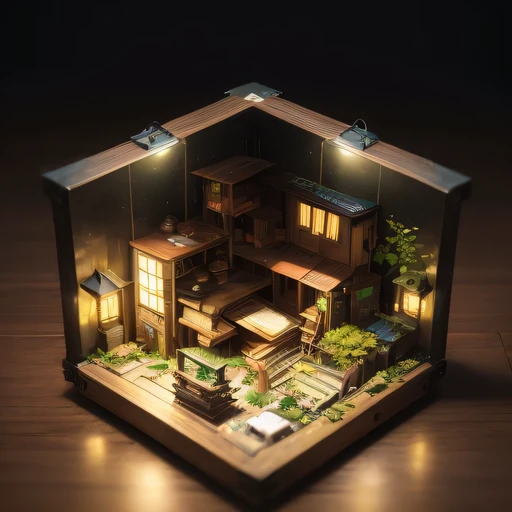 small realistic model, (bifurcation, original photo, best quality, masterpiece:1.4),Steampunk Cyberpunk 3916 City,(Cyberpunk light:1.3),on the desert,horizon (related to land),(in a small nature box:1.3),Isometric, small nature, landscape on foundation,lan...