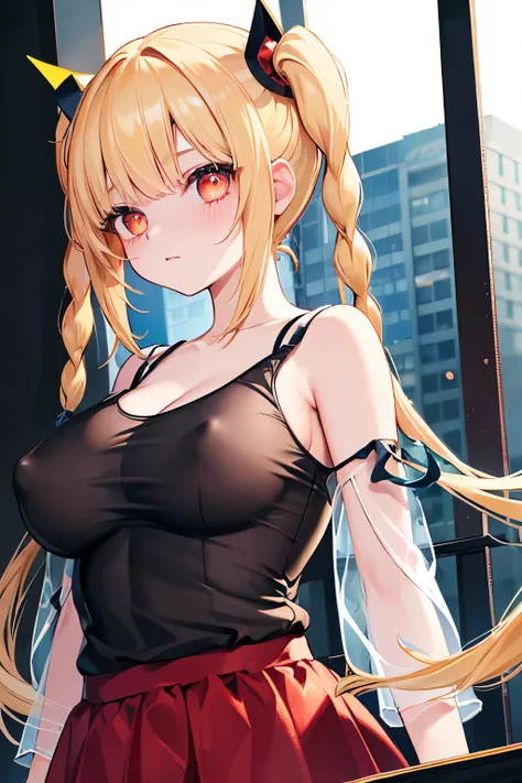 Optimal，masterpiece，High resolution，highest quality，hyper hd，Super detailed，award-winning，16k，alone，（Upper body），correct anatomy，Beautiful Cyberpunk Girl，cowboy shot、cute face，，blonde、long hair、twin tails、Braid, hair line，（（scarlet eyes）），long eyelashes，dr...