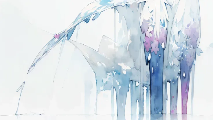 ((masutepiece)), (abstract art:1.5), (High Definition), Best Quality, (watercolor painting:1.3), (pale blue), wide shot, (cold atmosphere), raindrops, drop of water, (Rainning), (simple white background:1.9), landscape, (blue wisteria),