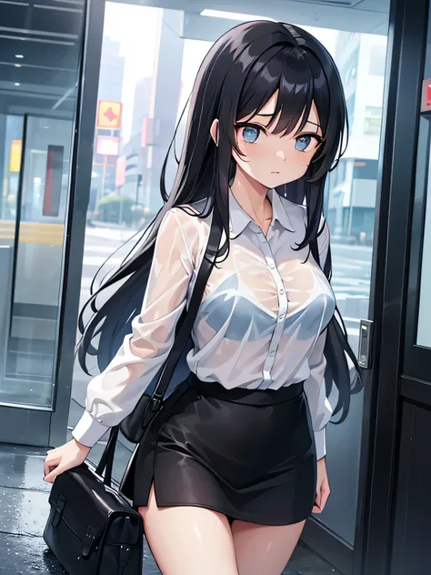 (1) A woman is walking in the rain, My cut shirt is wet and my light blue bra is visible..
(2) The woman is wearing a white cutter shirt, black skirt and black high socks.
(3) that woman has long black hair.
(4) The woman looks worried.
(5) The location is...