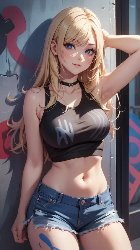 最high quality、best image quality、masterpiece、teenage girl((18-year-old、 By becoming、vest bust、medium bust,wide open breast tea、black eye, blonde hair、Habitual hair、long hair、thin,highest valley、navel black tank top、blue shorts、Holding a spray can、smug face...