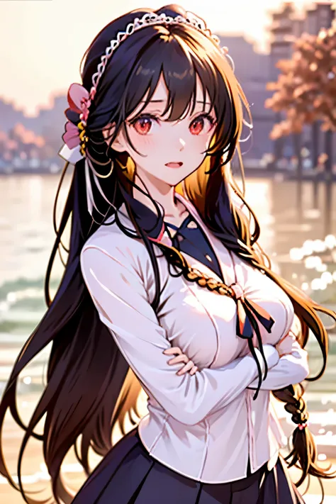 Anime girl, long blacked hair with one braid with one pink bow, gradient red eyes,strern look on her face, slim but well-endowed body, medium size breast, school uniform