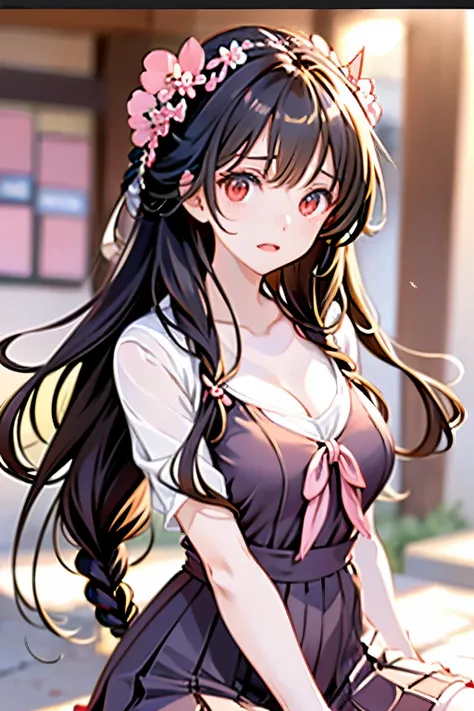 Anime girl, long blacked hair with one braid with one pink bow, gradient red eyes,strern look on her face, slim but well-endowed body, medium size breast, school uniform