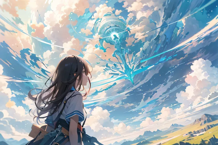 confused, High resolution, (official art, beautiful and aesthetic:1.2), close view,
shining sky, vast world, girl, stare, awe-inspiring expression, distant horizon, cloud, High Hill, beauty of nature, Inspiration, light effect,