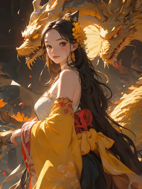 - dragon与少女, 1 girl, trumpet, skirt, pointed ears, yellow eyes, earrings, jewelry, breast, tattoo, Chinese clothes, white skirt, dragon, arm tattoo, china skirt, alone, white hair, leg tattoo, medium breast, colorful hair, cover navel, eastern dragon, shor...