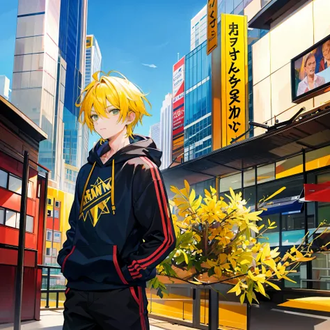 A man，Handsome，Spiky Yellow Hair, SkyCrapper，Sateen，Head cover Hoodie，Put your hands in your pockets