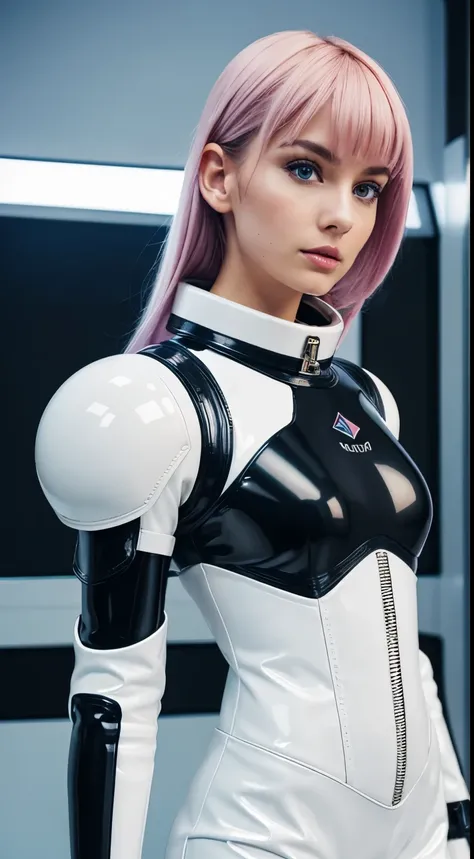 raw photo of a woman in latex space suit with shoulder pads, armor, big boots, collar, mechanical sticky details, high fashion, cute face, candid shot, luxury, pastel colours, blurry background 