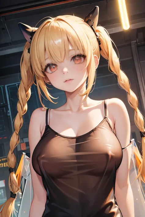 Optimal，masterpiece，High resolution，highest quality，hyper hd，Super detailed，award-winning，16k，alone，（Upper body），correct anatomy，Beautiful Cyberpunk Girl，cowboy shot、cute face，，blonde、long hair、twin tails、Braid, hair line，（（scarlet eyes）），long eyelashes，dr...