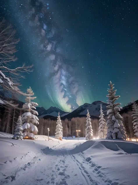 ((highest quality, 8k, masterpiece, photorealism, raw photo, highest quality)), snow and ice covered trees against night galaxy ...