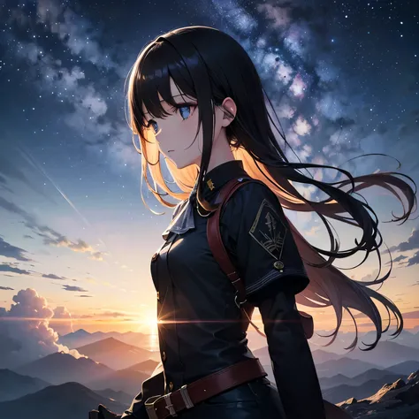 confused, High resolution, (official art, beautiful and aesthetic:1.2), close view,
1 girl, shining sky, vast world, stare, awe-inspiring expression, distant horizon, cloud, High Hill, beauty of nature, Inspiration, night sky, shining star,