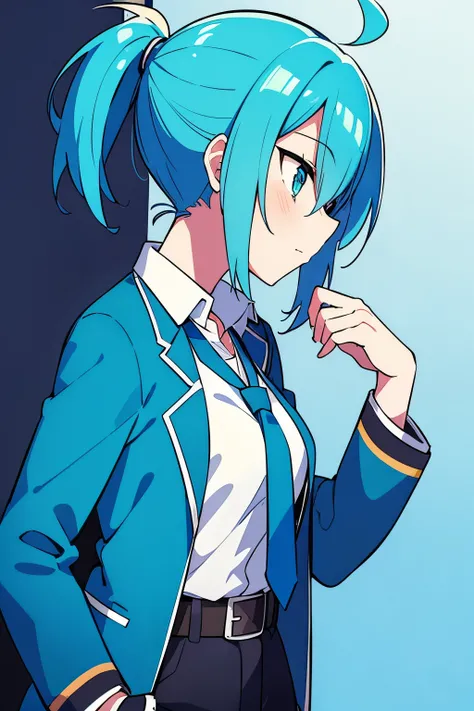 Drawing of a girl with blue hair and a blue jacket, rimuru, 2 d anime style, profile shot of rimuru tempest, rimuru tempest, 2 D Anime, Fubuki, full face shot of rimuru tempest, short hair, Anime girl with teal hair, 2d art, 2 d art, Ponytail Girl, Blue ti...