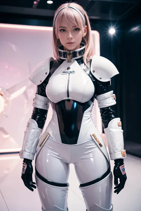 raw photo of a woman in latex space suit with shoulder pads, armor, big boots, collar, mechanical sticky details, high fashion, cute face, candid shot, luxury, pastel colours, blurry background