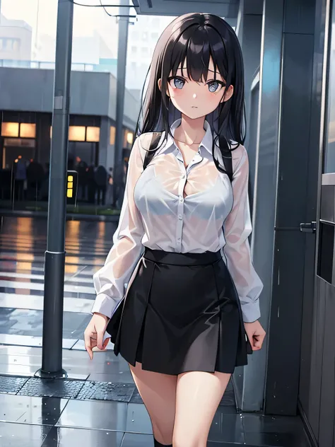 (1) A woman is walking in the rain, My cut shirt is wet and my light blue bra is visible..
(2) The woman is wearing a white cutter shirt, black skirt and black high socks.
(3) that woman has long black hair.
(4) The woman looks worried.
(5) The location is...